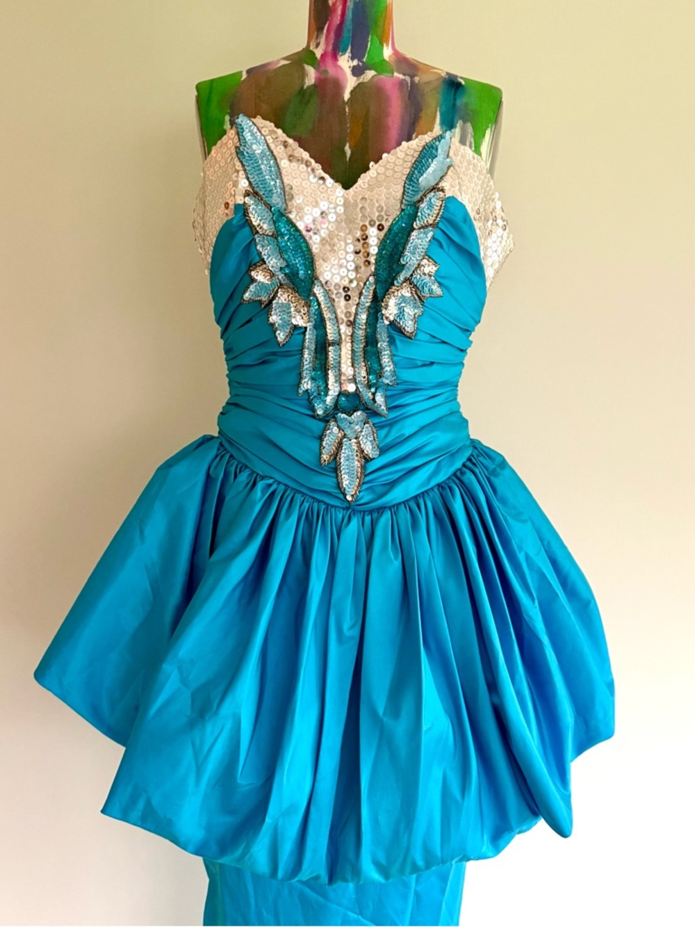 🐬VINTAGE 80s Alyce Designs Sequin Taffeta Peplum Prom Gown Dress - Picture 2 of 11